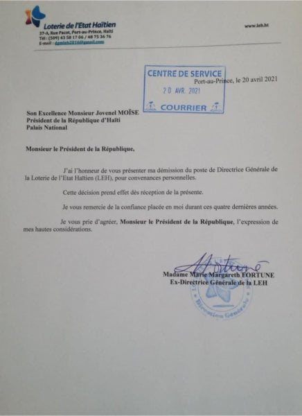 Démission de la directrice de la Loterie de l'Etat Haïtien Marie Margareth Fortuné - démission, LEH, Loterie de l'Etat Haïtien, Marie Margareth Fortuné