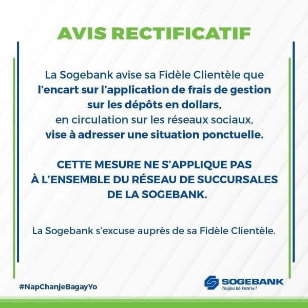 Certaines succursales de la SOGEBANK prélèvent des frais sur les dépôts en cash de plus de 1000 dollars - Sogebank