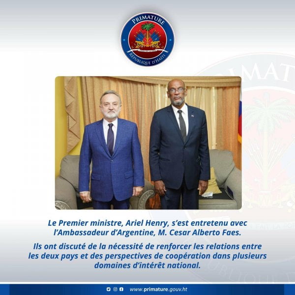 Ariel Henry a rencontré les ambassadeurs d'Argentine et de Taïwan accrédités en Haïti -