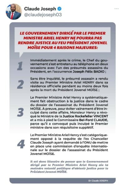 Ariel Henry a 4 raisons de ne pas rendre Justice à Jovenel Moïse selon Claude Joseph - Ariel Henry, Claude Joseph