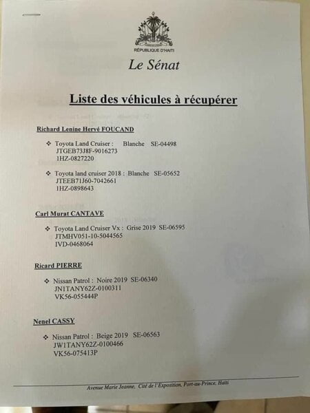 Le Sénat haïtien part à la récupération de 10 véhicules auprès de 8 anciens sénateurs -