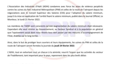 Manifestation des ouvriers : l'ADIH annonce la fermeture des industries pour ce jeudi 24 février - ADIH